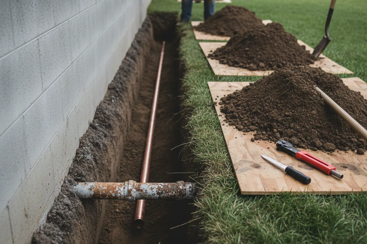 Excavated water line trench during Sewer Line Repair in Vicksburg